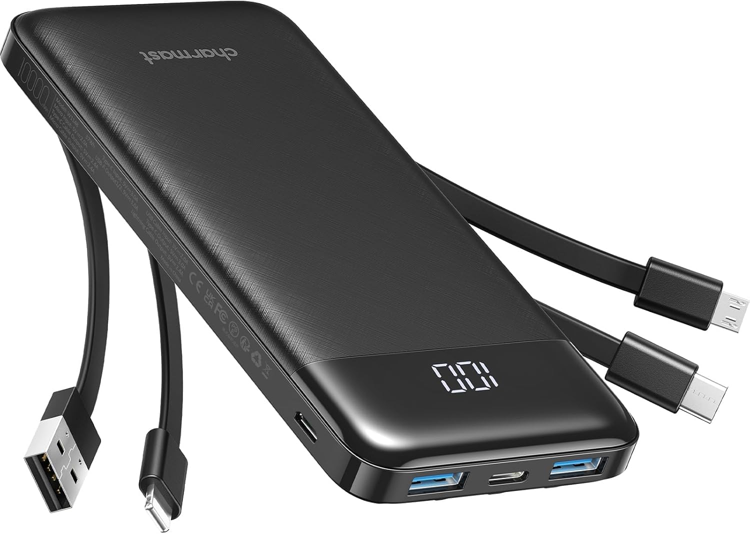 Charmast Power Bank with Built in Cable, 10000mAh USB C Battery Pack 6 Outputs 2 Inputs with LED Display Type C Powerbank Portable Charger Compatible with Smartphones Tablets...