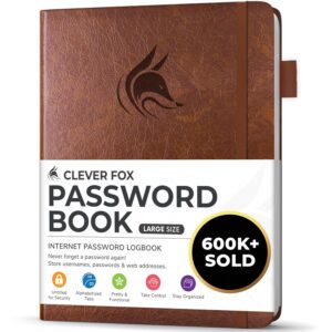 Clever Fox Password Book with alphabetical tabs. Internet Address Organizer Logbook. Large Password Keeper for Website Logins (Brown)
