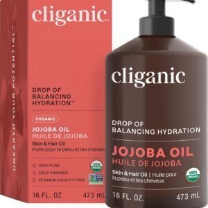 Cliganic USDA Organic Jojoba Oil, 100% Pure (120ml Large) | Natural Cold Pressed Unrefined Hexane Free Oil for Hair, Face, Nails & Cuticles | Carrier Oil Certified Organic | 90...