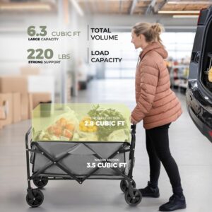 Collapsible Wagon 220 lbs, Heavy Duty Wagon Carts Foldable, Portable Wagons for Groceries, Beach Cart with All-Terrain Wheels & Drink Holders, Utility Wagons for Shopping,...
