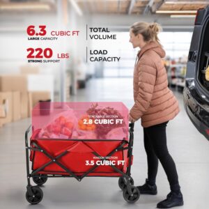 Collapsible Wagon 220 lbs, Heavy Duty Wagon Carts Foldable, Portable Wagons for Groceries, Beach Cart with All-Terrain Wheels & Drink Holders, Utility Wagons for Shopping,...