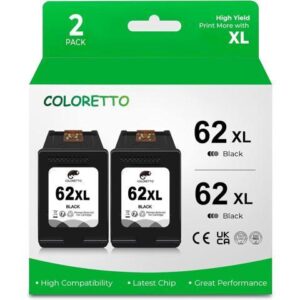 COLORETTO 62 XL 62XL Remanufactured Ink Cartridge Compatible with HP Envy 5540 5542 5543 5546 5549 5640 5643 5660 7640 OfficeJet 200 250 5740 5742