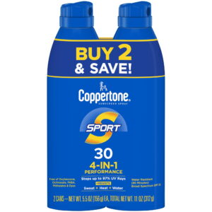 Coppertone Sport Sunscreen Spray, SPF 30 Spray Sunscreen, 5.5 oz, Pack of 2