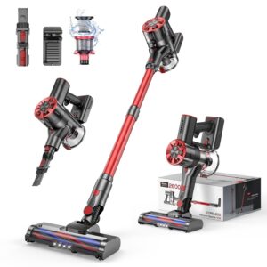 Cordless Vacuum Cleaner, 80,000PRM Stick Vacuum with 2 Powerful Suction Modes, Max 40 Mins Runtime, 2600mAh Rechargeable Vacuum Cleaner for Home (Black Red)