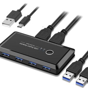 CORN USB 3.0 Sharing Switch Selector 4 Port 2 Computers Peripheral Switcher Adapter Hub for PC, Printer, Scanner, Mouse, Keyboard with One Button