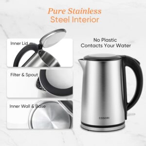 COSORI Electric Kettle, Cool-Touch Double Wall Stainless Steel Insulated, Automatic Shut Off & Boil-Dry Protection, Durable Tea Kettle Boiler & Heater, 1.5L/1500W, Silver