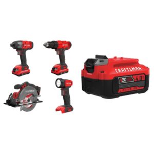 CRAFTSMAN V20 MAX Power Tool Combo Kit, 4-Tool Cordless Power Tool Set (CMCK401D2) & (1) V20 Lithium Ion Battery, 4.0-Amp Hour (CMCB204)