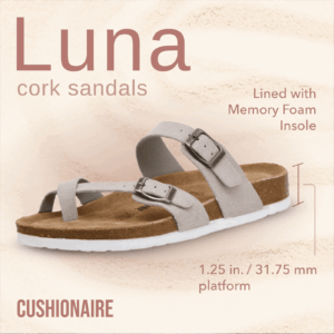 Cushionaire Women's Luna Cork Footbed Sandals with +Comfort, Wide Widths Available