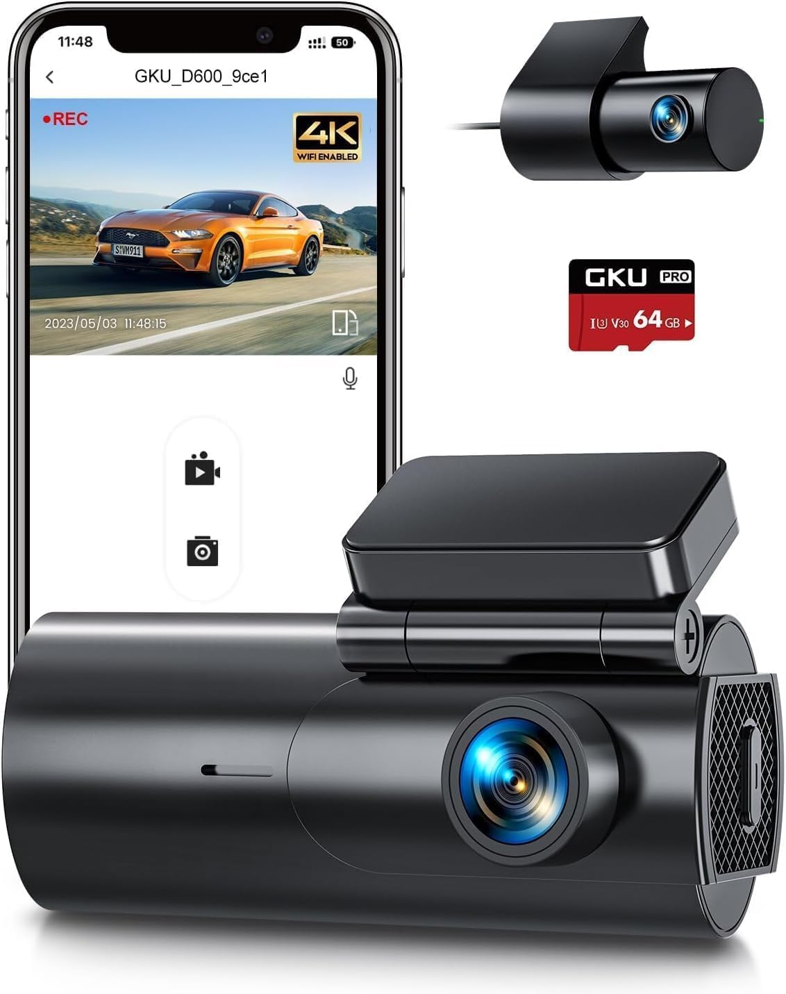 Dash Cam Front and Rear Camera – 4K+1080P Dual Dash Camera for Cars with 64GB SD Card, 5G/2.4GHz WiFi & App Control, Night Vision, Parking Mode, G-Sensor, Loop Recording, WDR,...
