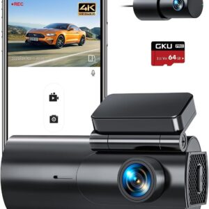 Dash Cam Front and Rear Camera – 4K+1080P Dual Dash Camera for Cars with 64GB SD Card, 5G/2.4GHz WiFi & App Control, Night Vision, Parking Mode, G-Sensor, Loop Recording, WDR,...