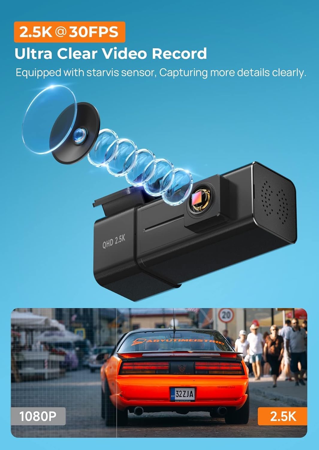 Dash Cam WiFi 2.5K Dashcam, E-YEEGER Front Dash Camera for Cars, Mini Dashcams with App, Night Vision, G-Sensor, Loop Recording, 24H Parking Mode, Free 32G SD Card, Support...