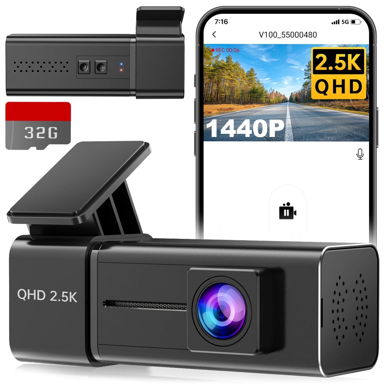Dash Cam WiFi 2.5K Dashcam, E-YEEGER Front Dash Camera for Cars, Mini Dashcams with App, Night Vision, G-Sensor, Loop Recording, 24H Parking Mode, Free 32G SD Card, Support...