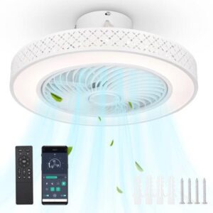 DELight 20" Enclosed Ceiling Fan Low Profile Dimmable LED Light APP & Remote Control Lamp Smart timing Home Kitchen