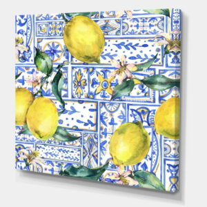 Designart ' Geometrical Pattern of Lemon Ornament On Blue I ' Tropical Canvas Wall Art Print