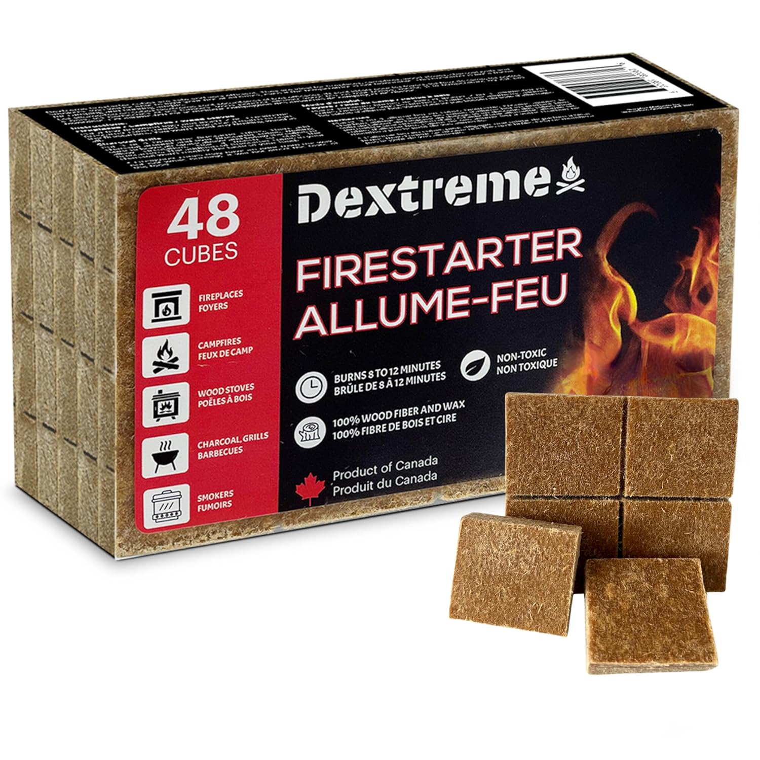 Dextreme Natural Fire Starter, 48 Cubes, Perfect for BBQ, Campfires, Charcoal, Wood Stoves, Grill Pit, Fireplace,Smokers - Easy to Ignite, Non-Toxic, Waterproof, Made in Canada...