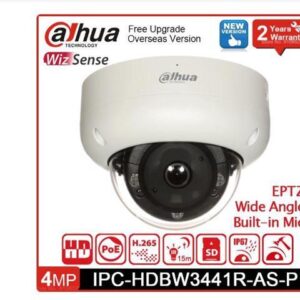 DH 4MP Dome IP Camera POE IR15m Bulit-in Mic Wide Angle EPTZ 180° SMD3.0 IK10 WizSense Surveillance camera IPC-HDBW3441R-AS-P