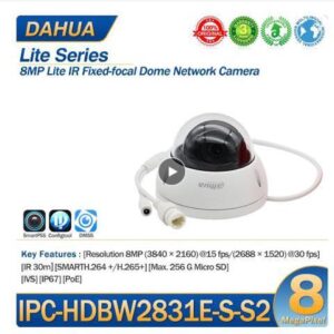 DH IPC-HDBW2831E-S-S2 8MP H.265 POE IP67 Camera Built-in SD Card Slot IP67 IR 30M WDR IK10 Starlight Dome Surveillance camera Black 3.6mm Lens