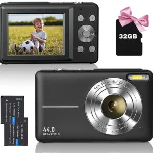 Digital Camera Kids Camera FHD 1080P 44MP Youtube Vlogging Camera 16X Zoom Portable Digital Cameras for Teens Seniors with 32GB Card (Black)
