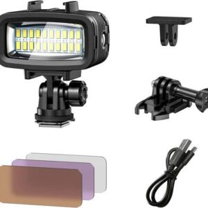 Diving Video Light Waterproof 131FT/40M with Hot Shoe Adapter 3 Color Filters Led Camera Fill Lights Underwater Photography Lighting for Gopro Nikon
