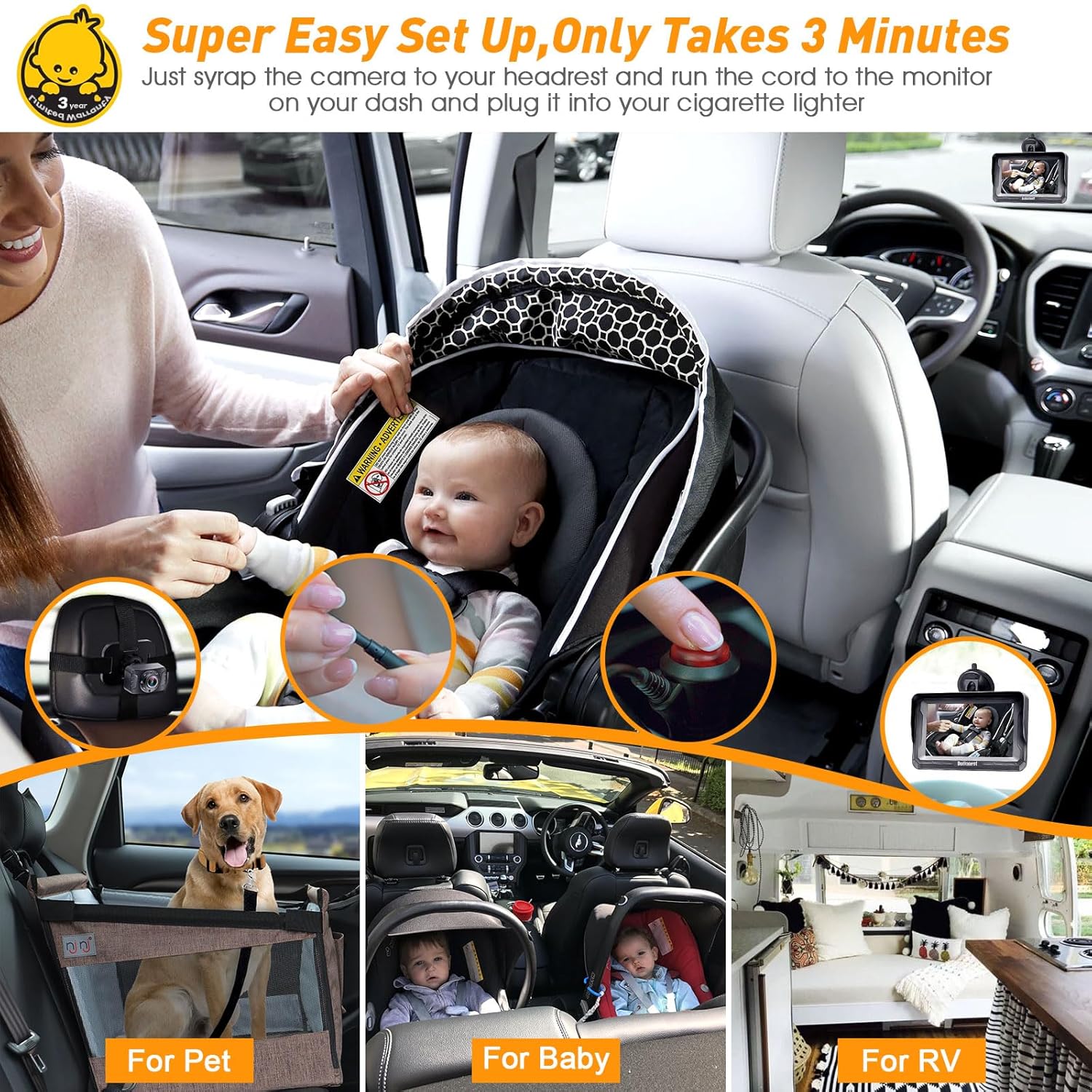 DoHonest Baby Car Camera for Backseat: HD 1080P Easy Setup Carseat Camera Rear Facing Infant - Clear Night Vision 360° Rotating Baby Car Monitor