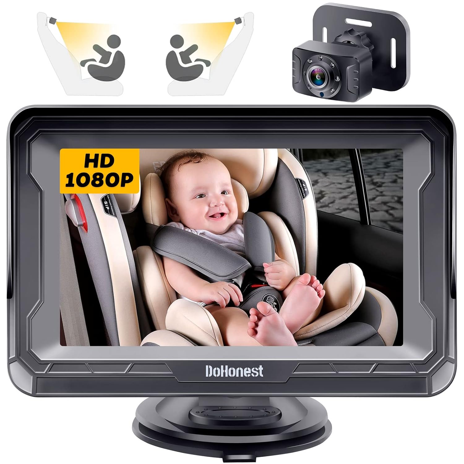 DoHonest Baby Car Camera for Backseat: HD 1080P Easy Setup Carseat Camera Rear Facing Infant - Clear Night Vision 360° Rotating Baby Car Monitor