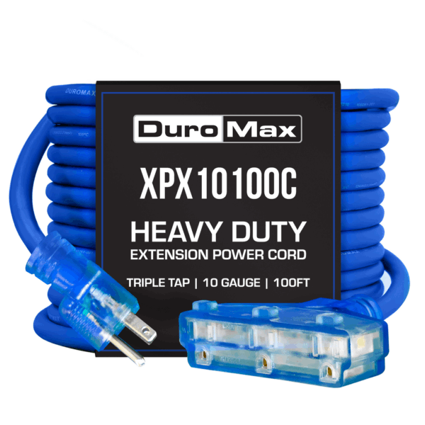 DuroMax XPX10100C Heavy Duty SJEOOW 100-Foot 10 Gauge Blue Triple Tap Extension Power Cord DuroMax XPX10100C Heavy Duty SJEOOW 100-Foot 10 Gauge Blue Triple Tap Extension Power Cord
