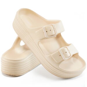 Ecetana Womens Slides Sandals Adjustable Double Buckle House Slides EVA Non-Slip Sandals