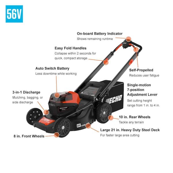 ECHO 56V 21 in. Cordless Battery 3-in-1 Walk Behind Self-Propelled Lawn Mower w/ (2) 5Ah Batteries and Rapid Charger DLM-2100SPR2-2