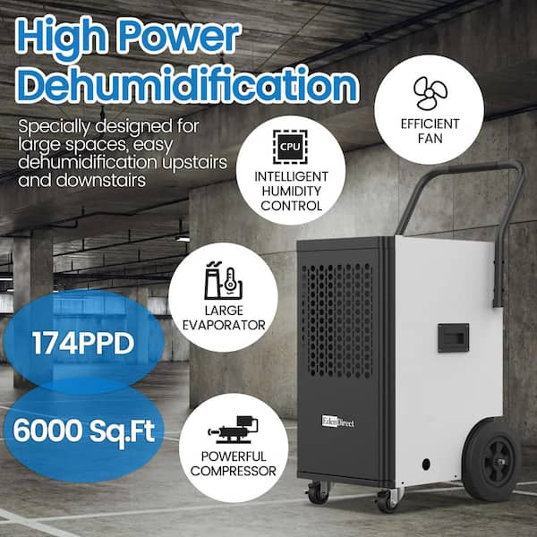 Edendirect 174 pt. 6,000 sq. ft. Buckless Industrial Dehumidifier in White with Drain Hose and Pump for Basement, ETL Ceritified ZCIOJEBW0409D