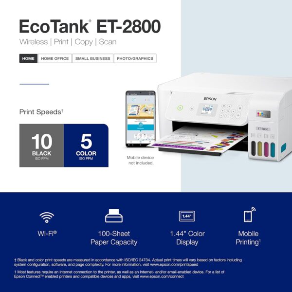 Epson EcoTank ET-2800 Wireless Color All-in-One Cartridge-Free Supertank Printer with Scan and Copy – The Ideal Basic Home Printer - Black
