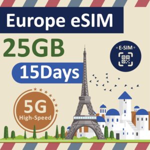 eSIM Europe Data ONLY Card 15Days | 25GB of 5G/4G LTE High Speed Prepaid Data Sim Card | Good Connection | REFILLABLE! (25GB / 15Days)