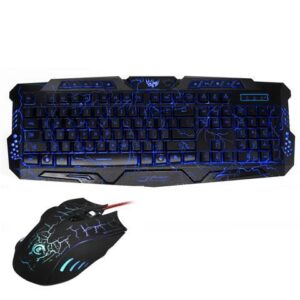 ESTONE Backlit Gaming Keyboard Mouse Combo, Cool Multimedia 3 colors LED Illuminated Backlight USB Wired Gaming Keyboard PC, 3 Color Blue/Red/Purple