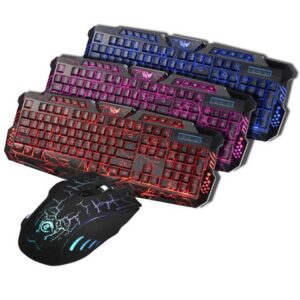 ESTONE Gaming Keyboard and Mouse Combo USB Wired Lighted Keyboard 3 Color Blue/Red/Purple LED Backlit,Dust and Dirt-Proof,Crack Keyboard and Mouse