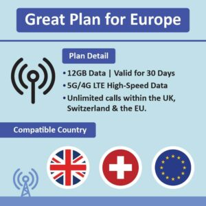 Europe Prepaid SIM Card | 30 Day Use | 12GB of 5G/4G Speed Data | Unlimited Calls & SMS | Use in The UK, Switzerland & 30+ EU Countries | Plug & Go - NO Activation Needed!