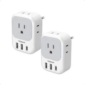 European Plug Adapter, TESSAN Type C Travel Adaptor with 4 Outlets 3 USB Ports (1 USB C), Power Plug for Canada/US to Most of EU Italy Spain France Germany, 2 Pack