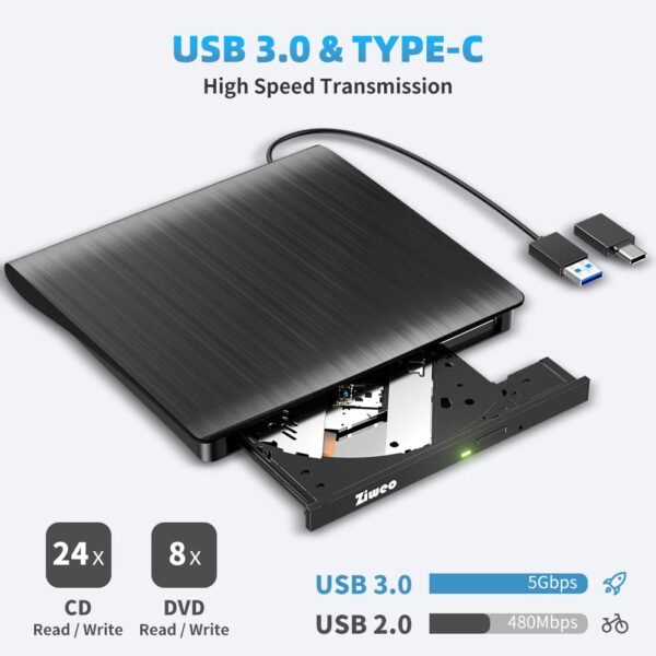 External DVD Drive USB 3.0 Type-C CD Burner Portable CD +/-RW Drive DVD Player for ROM Rewriter Burner Compatible with Laptop Desktop PC Windows MacBook Linux Mac OS