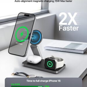 EXW Foldable 3 in 1 Wireless Charging Station for Apple Compatible with Mag Safe Charger Stand,Magnetic Wireless Charger Station for iPhone 16 15 14 13 12 Series,Airpods...