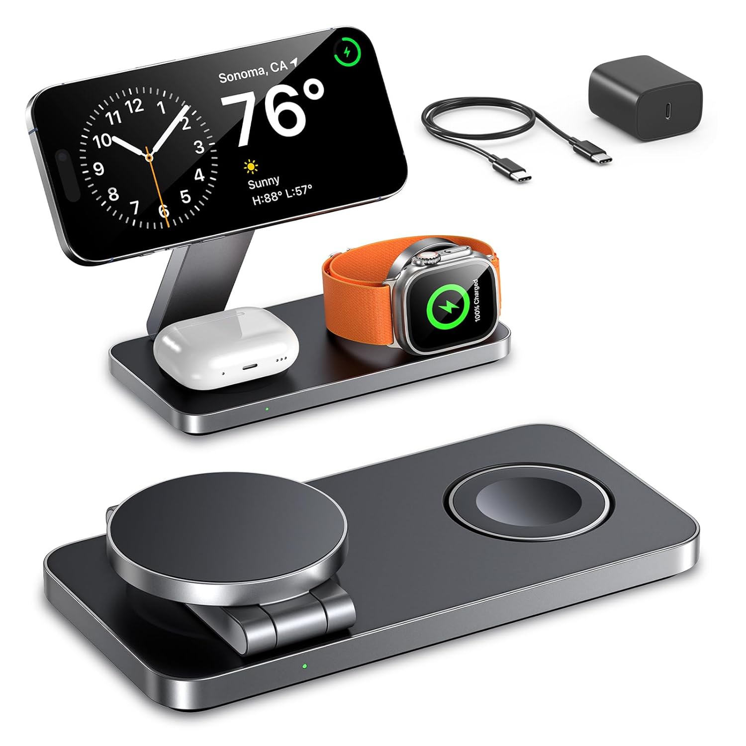 EXW Foldable 3 in 1 Wireless Charging Station for Apple Compatible with Mag Safe Charger Stand,Magnetic Wireless Charger Station for iPhone 16 15 14 13 12 Series,Airpods...