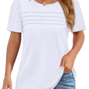 Fantaslook Women Blouses Dressy Casual Summer Short Sleeve Shirts Crew Neck Pleated Tunic Tops