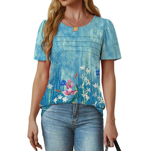 Fantaslook Women Blouses Dressy Casual Summer Short Sleeve Shirts Crew Neck Pleated Tunic Tops