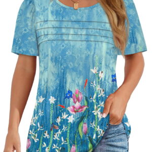 Fantaslook Women Blouses Dressy Casual Summer Short Sleeve Shirts Crew Neck Pleated Tunic Tops