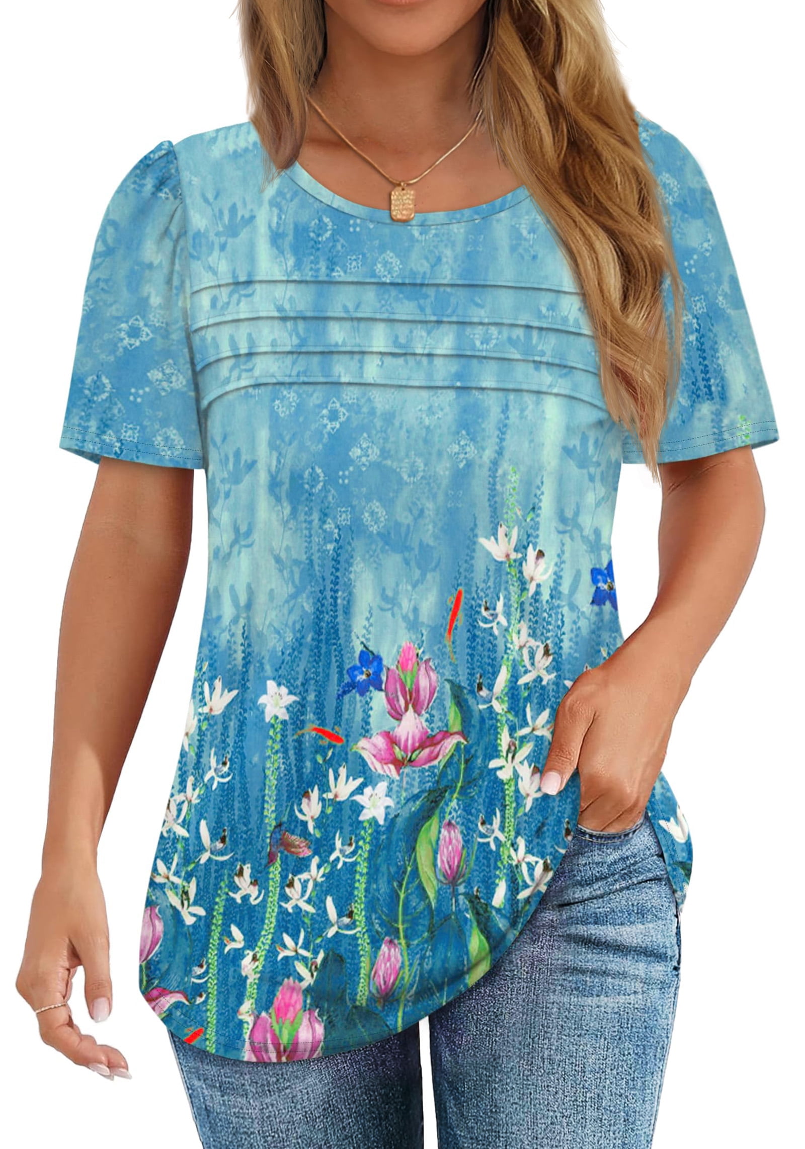 Fantaslook Women Blouses Dressy Casual Summer Short Sleeve Shirts Crew Neck Pleated Tunic Tops