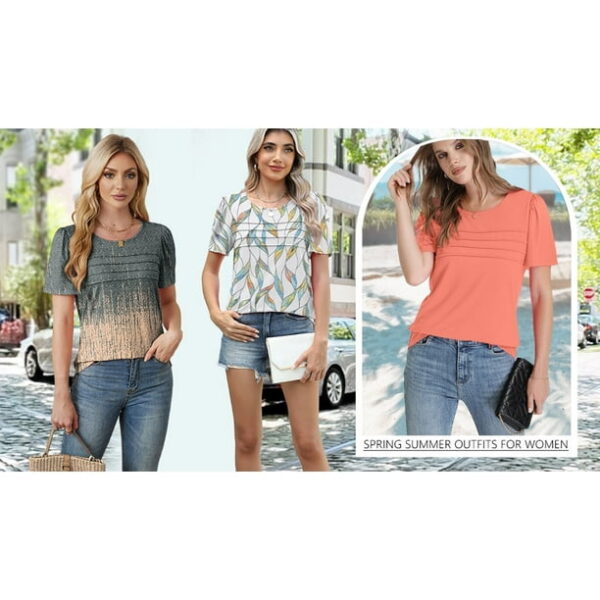 Fantaslook Women Blouses Dressy Casual Summer Short Sleeve Shirts Crew Neck Pleated Tunic Tops