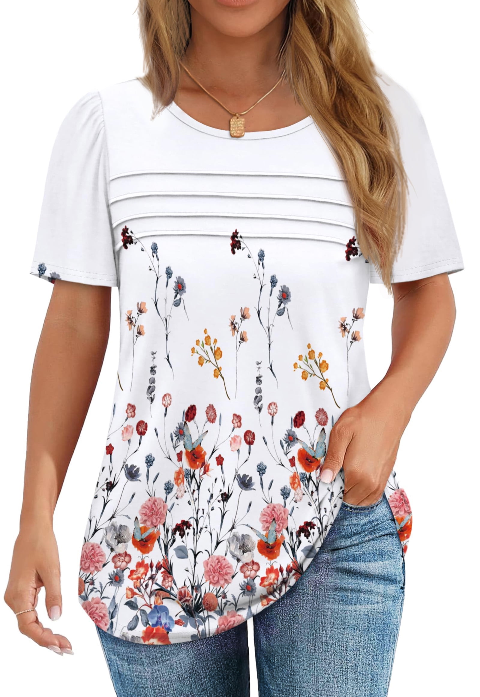 Fantaslook Women Blouses Dressy Casual Summer Short Sleeve Shirts Crew Neck Pleated Tunic Tops