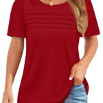 Fantaslook Women Blouses Dressy Casual Summer Short Sleeve Shirts Crew Neck Pleated Tunic Tops