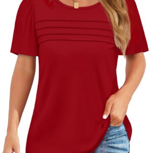 Fantaslook Women Blouses Dressy Casual Summer Short Sleeve Shirts Crew Neck Pleated Tunic Tops