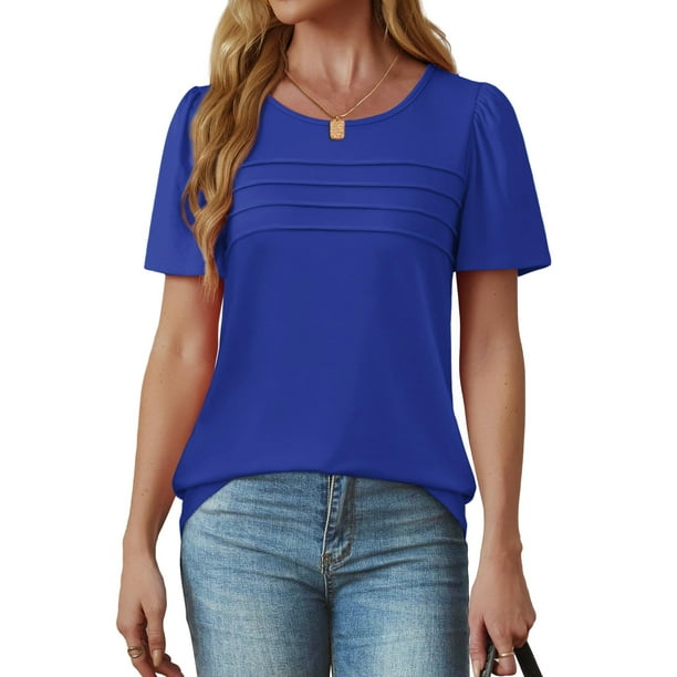 Fantaslook Women Blouses Dressy Casual Summer Short Sleeve Shirts Crew Neck Pleated Tunic Tops