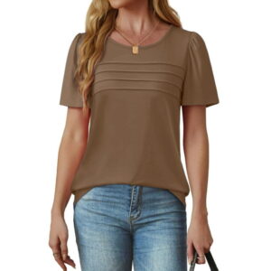 Fantaslook Women Blouses Dressy Casual Summer Short Sleeve Shirts Crew Neck Pleated Tunic Tops