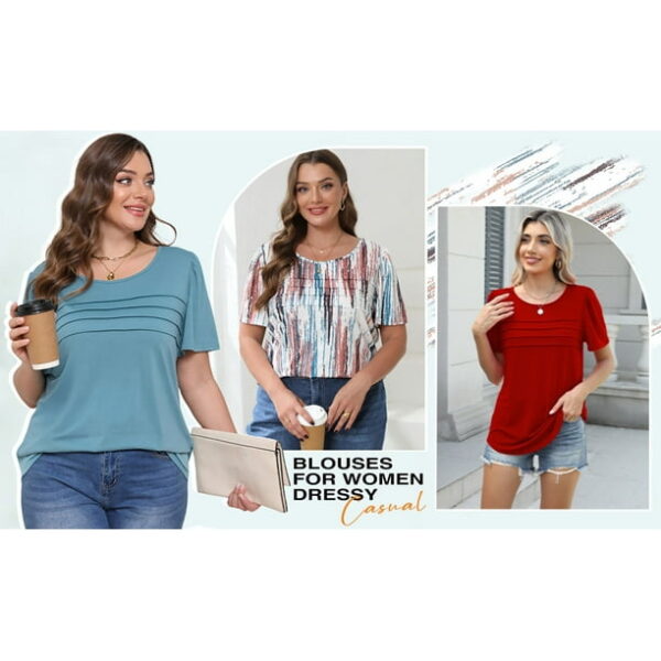 Fantaslook Women Blouses Dressy Casual Summer Short Sleeve Shirts Crew Neck Pleated Tunic Tops