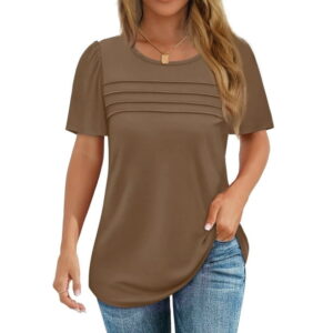Fantaslook Women Blouses Dressy Casual Summer Short Sleeve Shirts Crew Neck Pleated Tunic Tops